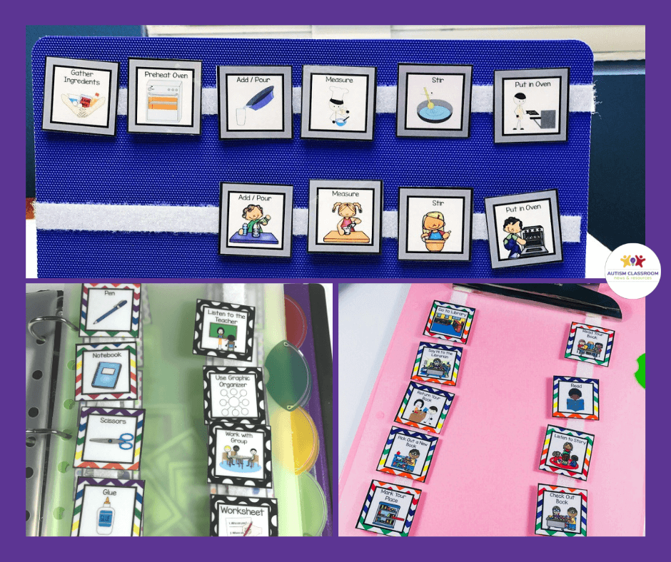 3 mini visual schedules for tasks including cooking, preparing for class and a class visual schedule, and a schedule for the library