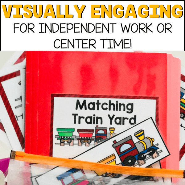 Visually Engaging For Independent Work or Center Time! Picture shows a red file folder activity for autism that has a Matching Train Yard game.