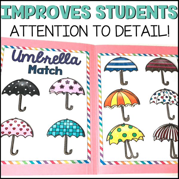 Improves Students Attention to Detail! Picture is a file folder activity for autism game that is titled "Umbrella Match". Students will find the matching umbrellas.