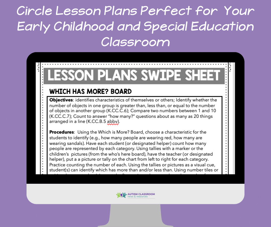 Preschool Circle Time Lesson Plans Swipe Sheets in the Morning Meeting Starter Kit designed for early childhood and special education classrooms. Pictured lesson plans swipe sheet on a computer screen.