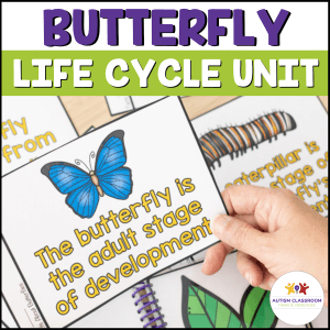 Butterfly Life Cycle Unit shows cards that have the different stages of the butterfly life cycle. One card has a blue butterfly and reads "The butterfly is the adult stage of development."