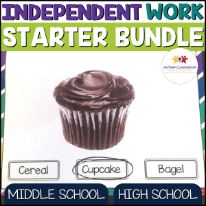Picture of a chocolate cupcake. The title reads Independent Work Starter Bundle. Students are to look at the picture and choose the correct work between cereal, cupcake, and bagel. This starter bundle is meant for middle school and high school.