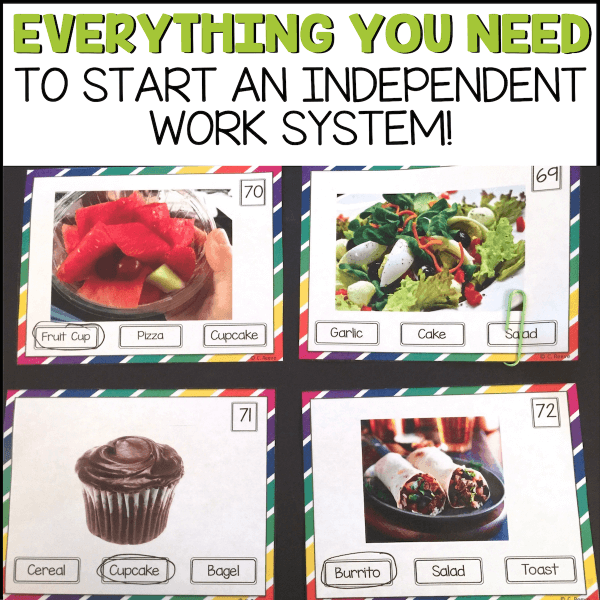 Everything you need to start an independent work system! Picture shows four different cards with food and students have to choose the correct word that matches the food at the bottom of the card.