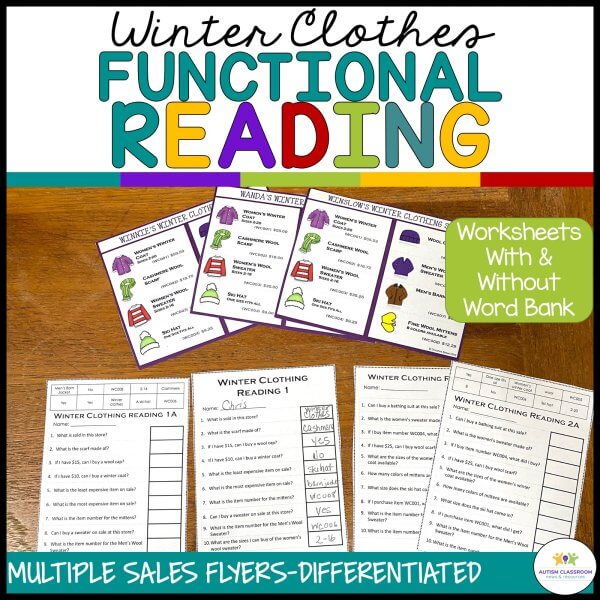 Winter Clothes Functional Reading. Life Skills Activities. Worksheets have students solve real world problems. Differentiated worksheets with and without word banks.