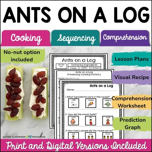 The Cooking with Visual Recipes - Ants on a Log Digital & Print Bundle cover shows worksheets, visual recipes, and sample celery snacks with cream cheese and raisins, with text highlighting cooking, sequencing, and comprehension activities.