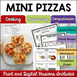 Image promoting a “Cooking with Visual Recipes - Ants on a Log Digital & Print Bundle” activity for teaching sequencing and comprehension. Includes photos, visual recipes, worksheets, lesson plans, sequencing cards, print and digital formats.