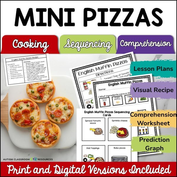 Image promoting a “Cooking with Visual Recipes - Ants on a Log Digital & Print Bundle” activity for teaching sequencing and comprehension. Includes photos, visual recipes, worksheets, lesson plans, sequencing cards, print and digital formats.
