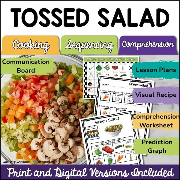 The Cooking Tossed Salad Digital & Print Bundle features visual recipes, worksheets, lesson plans, and a communication board for cooking, sequencing, and comprehension activities around making a tossed salad