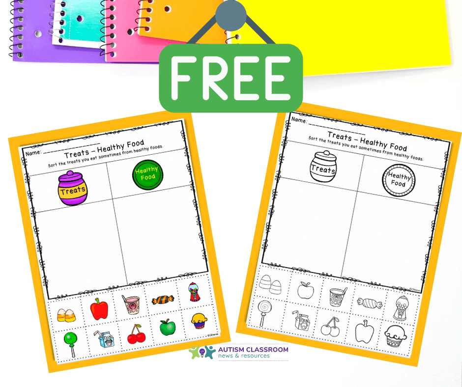 Free nutrition worksheets for sorting treats from healthy foods