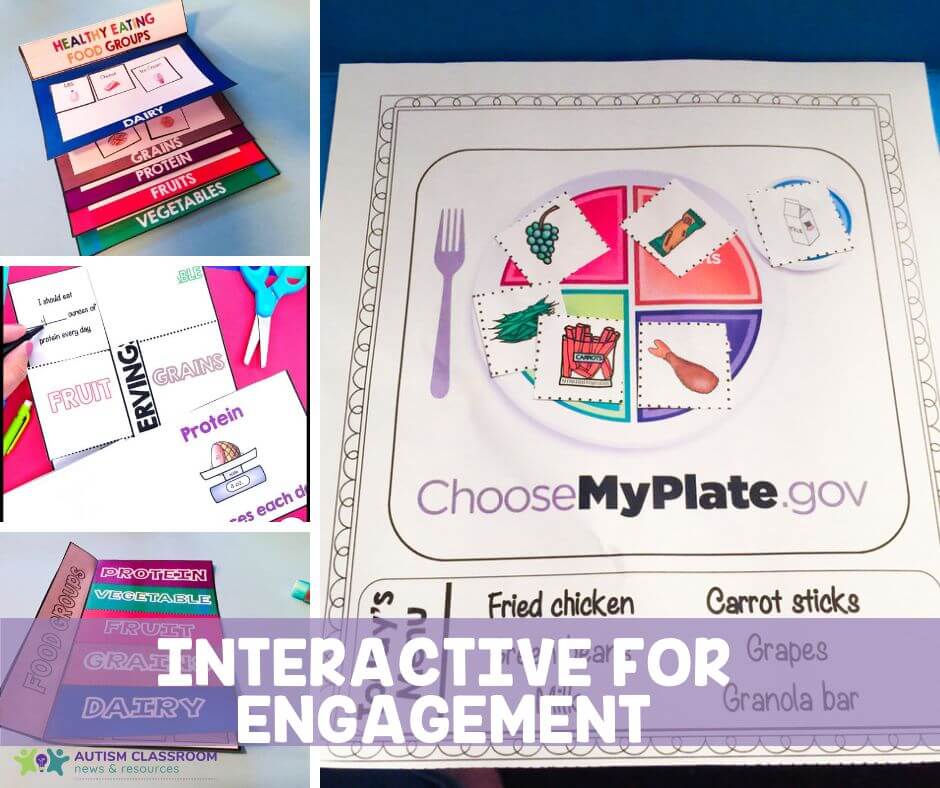 Teach nutrition in an engaging and practical way. [picture of interactive tools for engagement including a cut and paste worksheet with My Plate and 2 flip books to sort by food group.