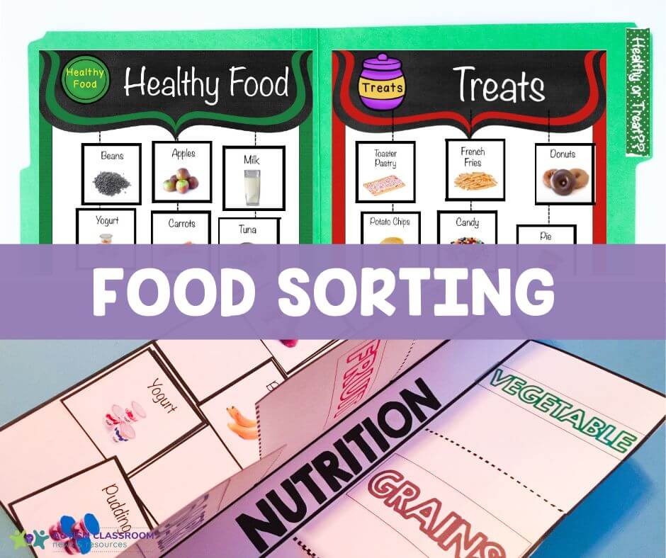 Teach nutrition in an engaging and practical way. - Food Sorting [picture of a file folder sorting healthy foods from treats and a flip book for sorting and pasting pictures by food group