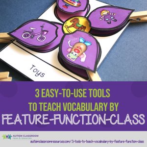 3 easy tools to teach vocabulary by feature function class-picture of a flower sorting mat for toys with pictures of the petals with toys on them