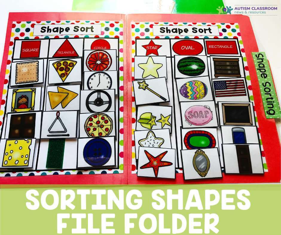 4 simple-to-make task boxes for autism classrooms File folder sorting real-life pictures by shapes