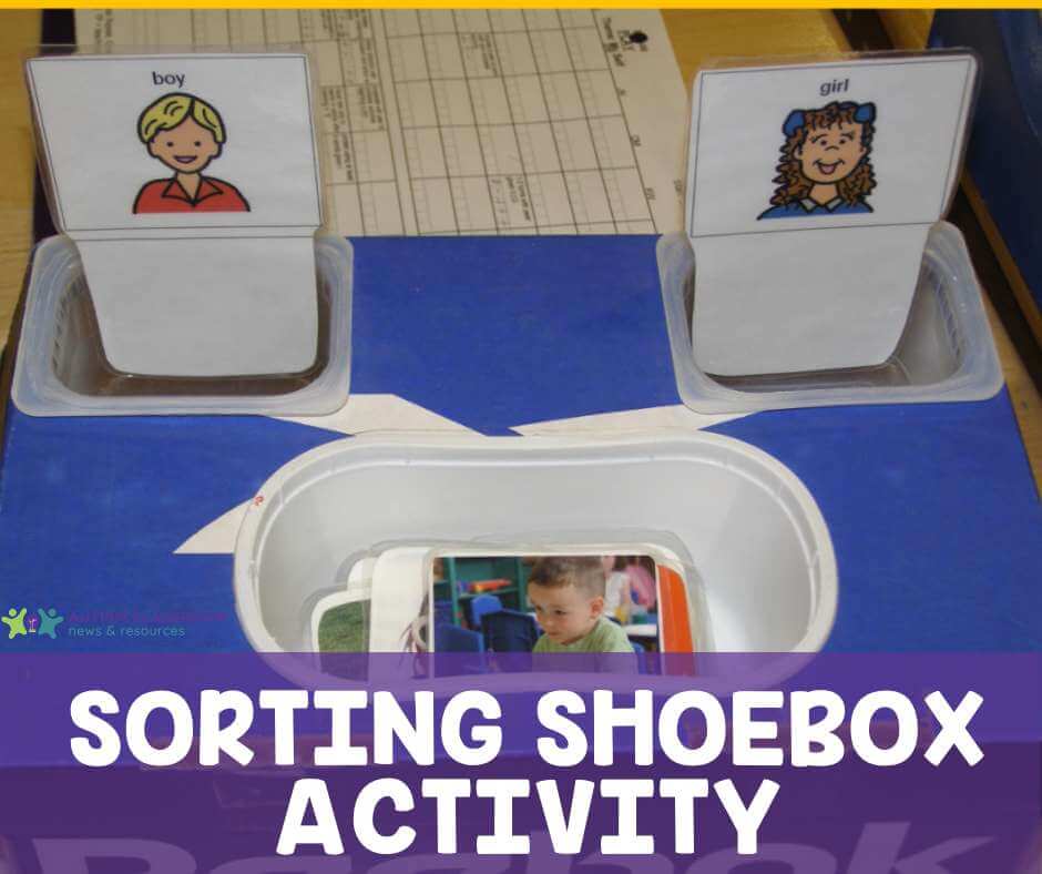 4 simple-to-make task boxes for autism classrooms A Shoebox with 2 babyfood containers with images of a boy on one and a girl on the other. Students sort pictures from the margarine container by gender
