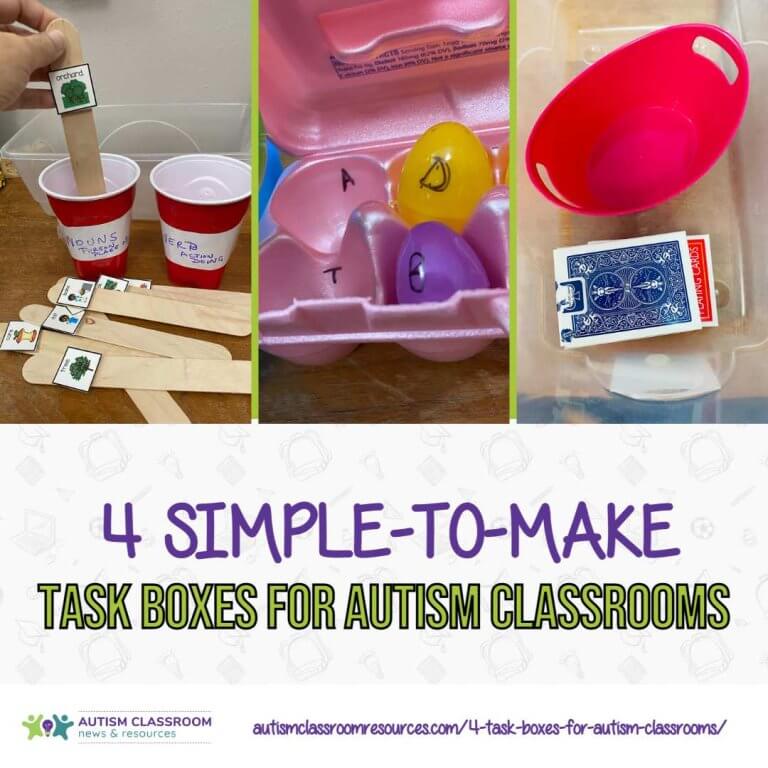 4 simple-to-make task boxes for autism classrooms with a picture of a noun and verb sorting task, a letter matching task with plastic eggs and playing cards boxes with an empty bin