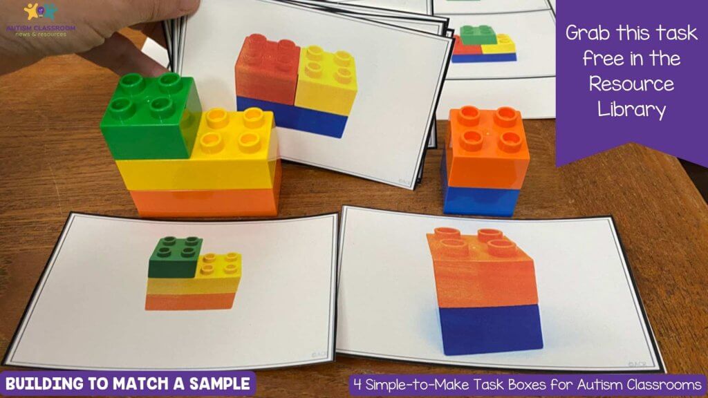 Building with blocks to match sample task. grab the templates free in the resource library. picture of assembled Lego-like blocks and built block structures that match the pictures