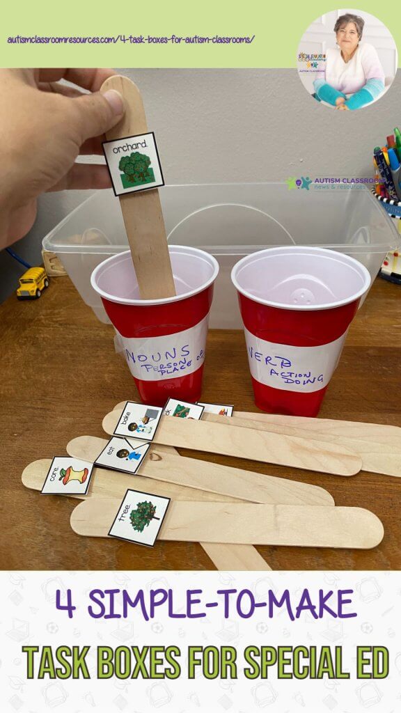 4 simple to make work tasks for autism classroom. Picture of 2 cups and popsicle sticks with pictures with student sorting by nouns and verbs
