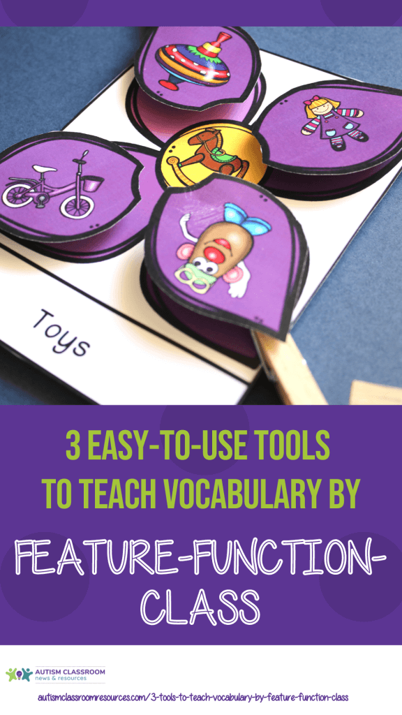 3 easy tools to teach vocabulary by feature function class-picture of a flower sorting mat for toys with pictures of the petals with toys on them