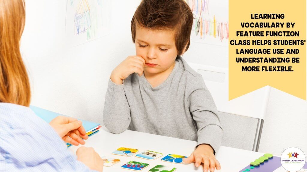 A boy works with a teacher at a table with picture cards.  LEARNING VOCABULARY BY FEATURE FUNCTION CLASS HELPS STUDENTS' LANGUAGE USE AND UNDERSTANDING BE MORE FLEXIBLE.