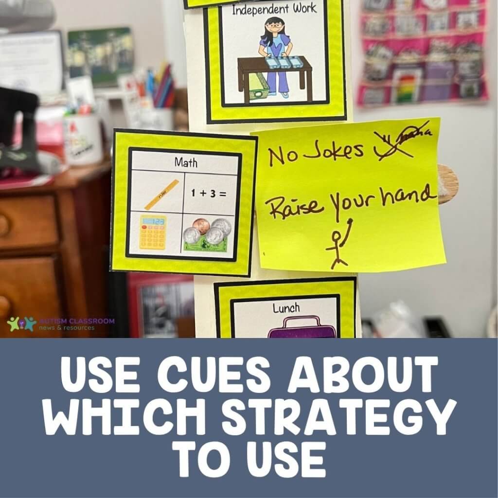 A simple tool that shows a student on his schedule that he can't tell a joke during math for attention, but he can raise his hand. This helps him use an alternative replacement behavior to get his need met and prevent behavior.