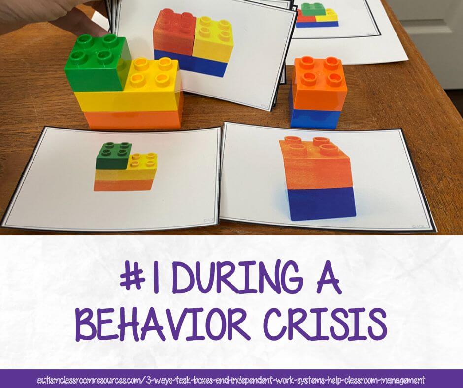 Independent Work-3 Ways It can Become Your Best Classroom Management Tool: #1 During a Behavior Crisis [picture of interlocking blocks being built to match a pattern on a card]