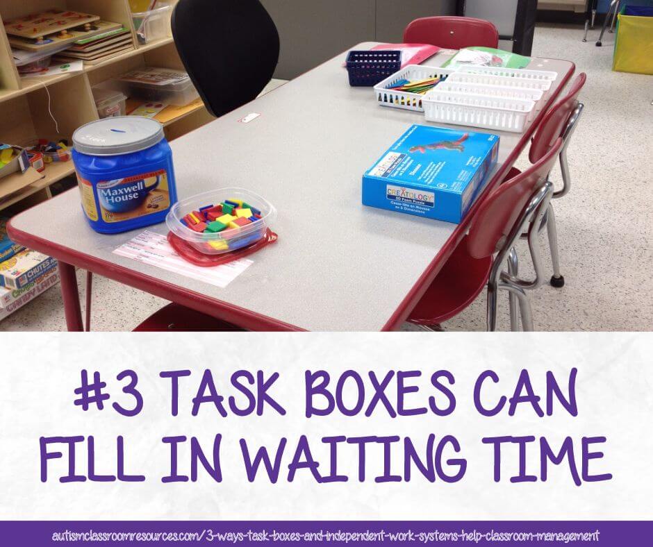 Independent Work Task Boxes-3 Ways It can Become Your Best Classroom Management Tool #3 task boxes can fill in waiting time. A table with task box activities laid out for students to engage.