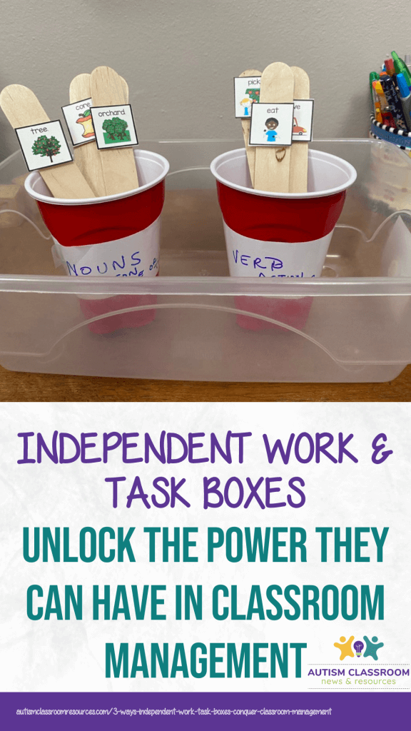 Independent Work-3 Ways It can Become Your Best Classroom Management Tool [A sorting task in a shoebox to sort nouns from verbs on popsicle sticks into plastic cups]