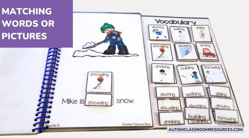 interactive book with picture of boy shoveling snow and matching picture and word