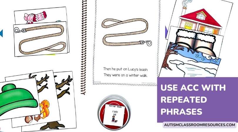 Use simple switches for voice output for students who are nonverbal with repeating phrases in the adapted book