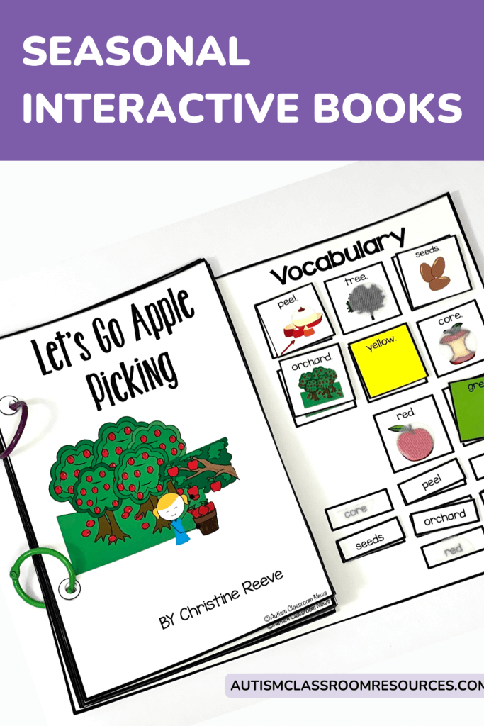 reading resources for autism blog post - Seasonal Interactive Book-Let's Go Apple Picking with moveable pieces for matching