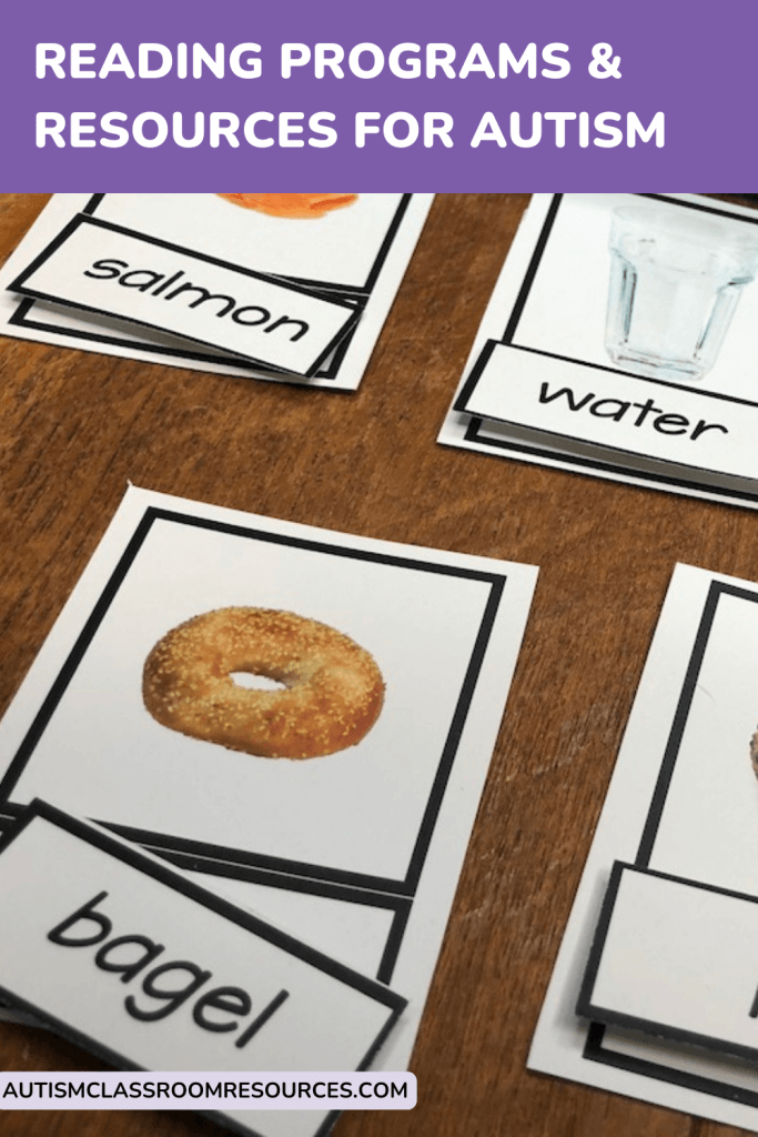 reading resources for autism blog post : Reading Programs and Resources for autism with task cards matching written food words to photos of food