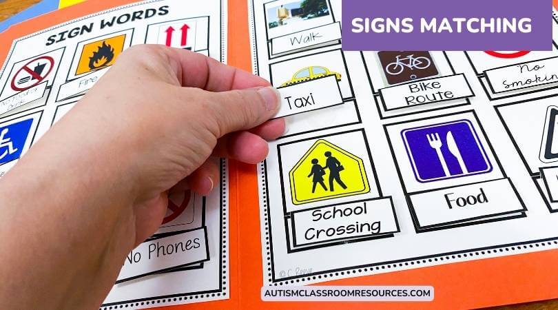 Resources and Reading Programs for Autism : Community signs matching file folder--word to picture