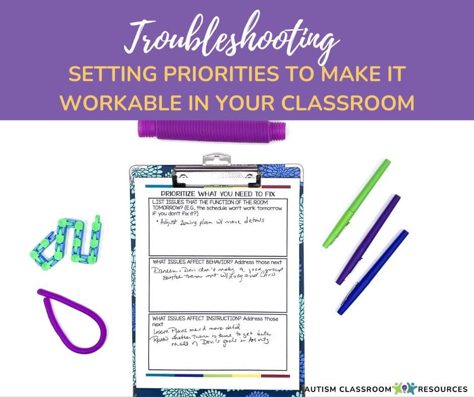 Troubleshooting autism classroom design: setting priorities to make it workable in YOUR classroom [picture of a free worksheet for planning prioritized changes]