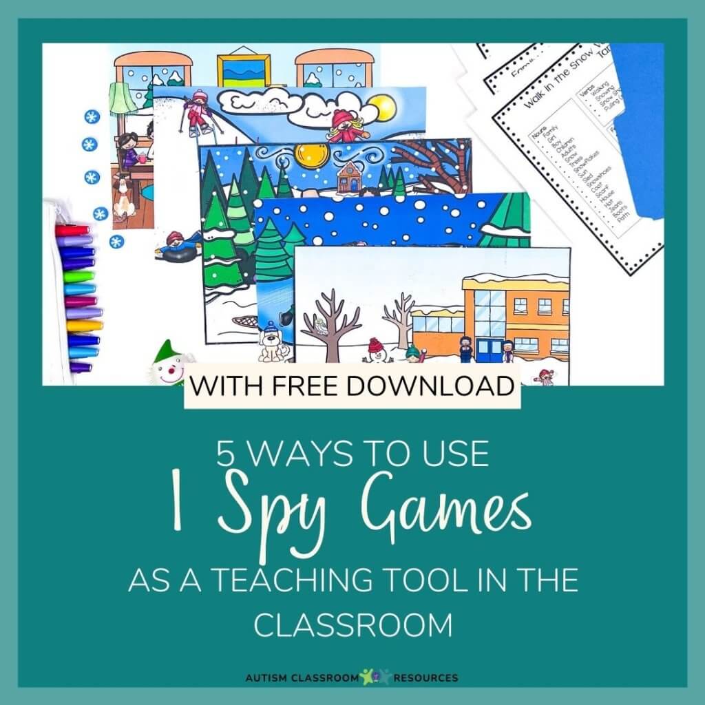 5 Ways to Use I Spy game printables in the classrooom--picture of scenes and cheat sheets for playing I Spy