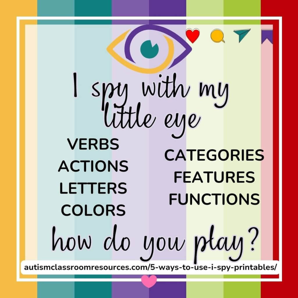 5 Ways to Use I Spy game printables in the classrooom--I Spy with my little eye-verbs, actions, letters, colors, categories, features, functions...how do you play?