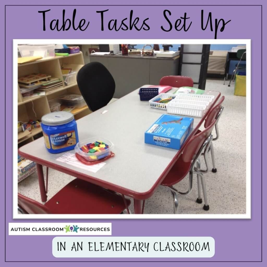 Table with fine motor tasks laid out. Table Tasks Setup in an elementary classroom