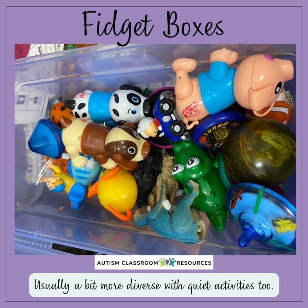 3 strategies for student engagement includes fidget boxes wtih toys like slinkies, tops, and other fidgets