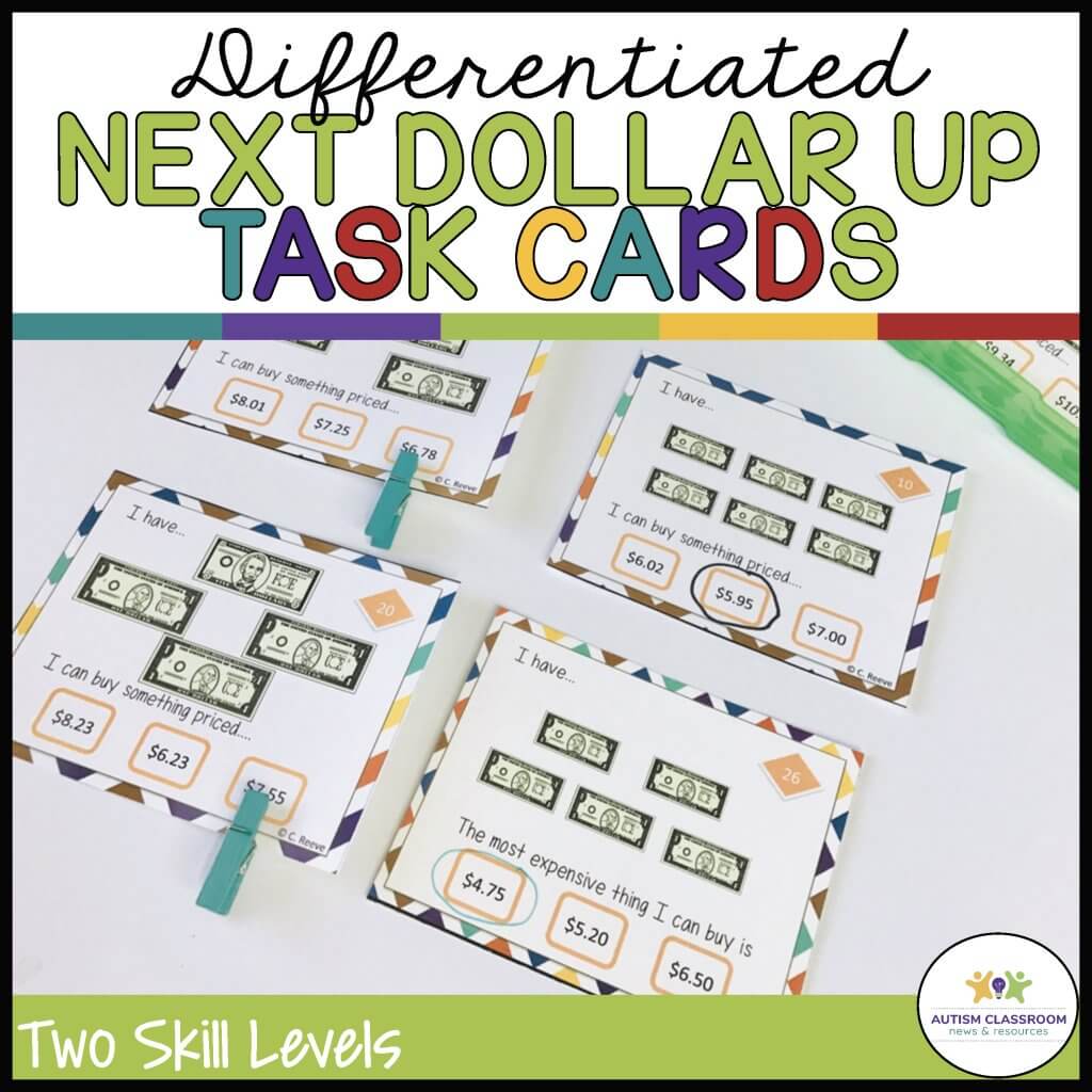 Four task cards display images of dollar bills and price tags, each prompting students to use the dollar up method to identify what they can buy or the most expensive item they can afford. Text highlights “Differentiated Next Dollar Up Task Cards.”.