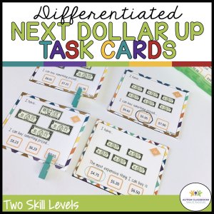 Four task cards display images of dollar bills and price tags, each prompting students to use the dollar up method to identify what they can buy or the most expensive item they can afford. Text highlights “Differentiated Next Dollar Up Task Cards.”.