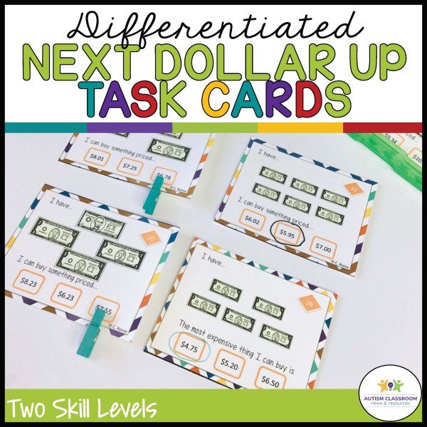 Four task cards display images of dollar bills and price tags, each prompting students to use the dollar up method to identify what they can buy or the most expensive item they can afford. Text highlights “Differentiated Next Dollar Up Task Cards.”.