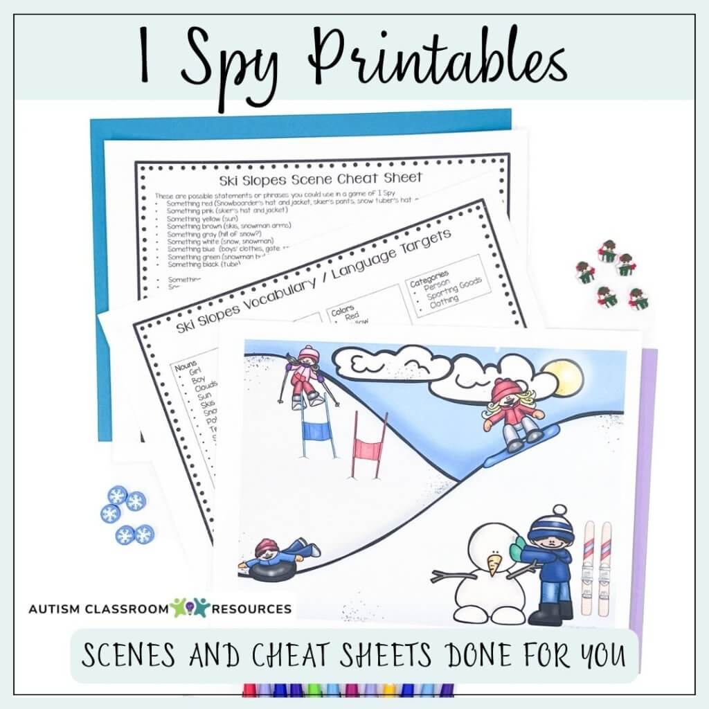 5 Ways to Use I Spy game printables in the classrooom--picture of scenes and cheat sheets for playing I Spy