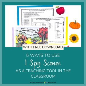 5 Ways to Use I Spy game printables in the classrooom--picture of scenes and cheat sheets for playing I Spy
