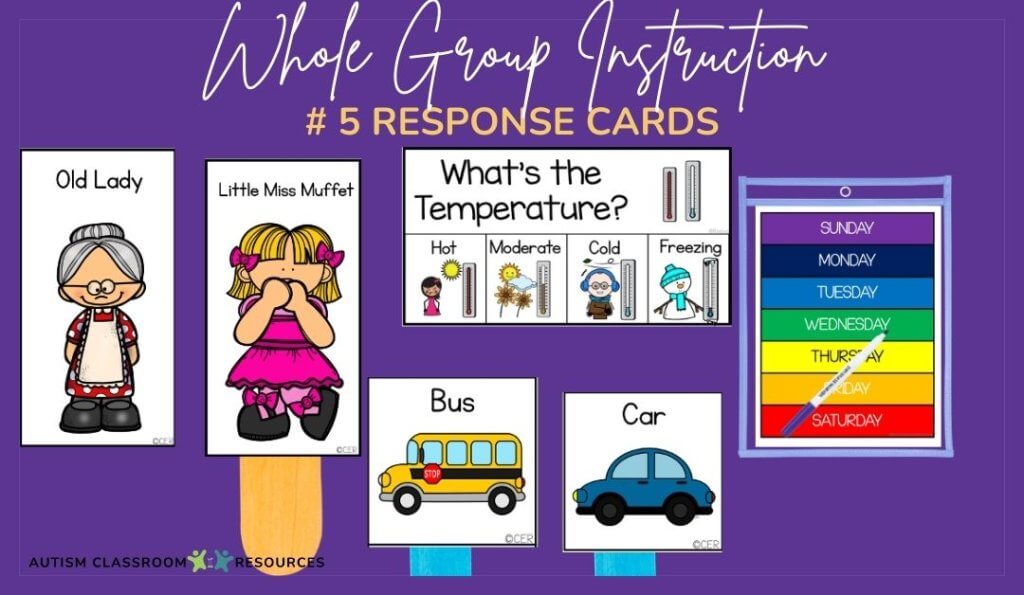 Whole Group Instruction Strategies Blog Post #5 response cards - examples of response cards for waht is the temperature, days of the week (free), how I came to school and Little Miss Muffett