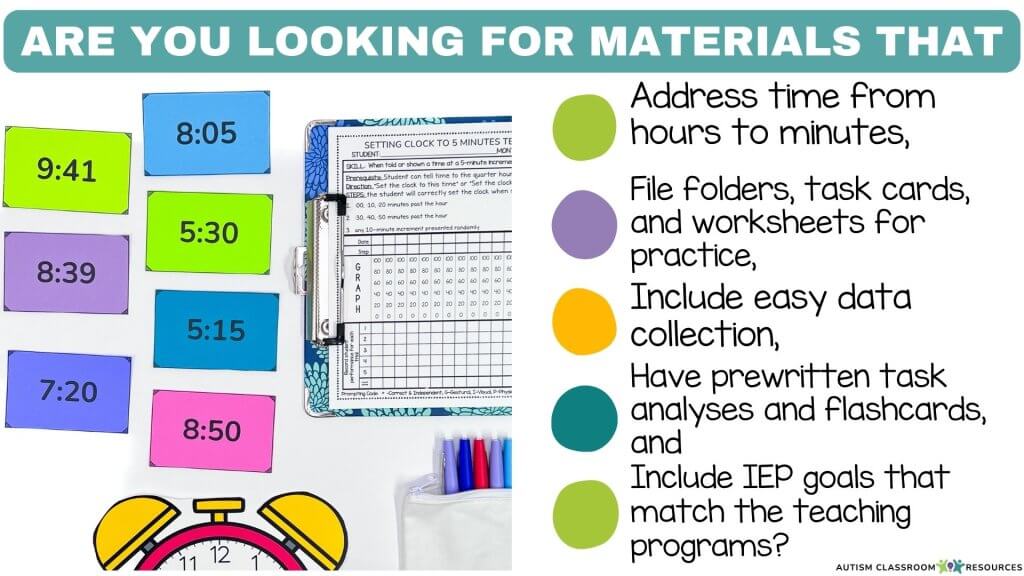 Are you looking for materials that address time from hour to minutes, file folders task cards and worksheets for practice; include easy data collection; have prewritten task analyses and flashcards; and include IEP goals that match the teaching programs?
