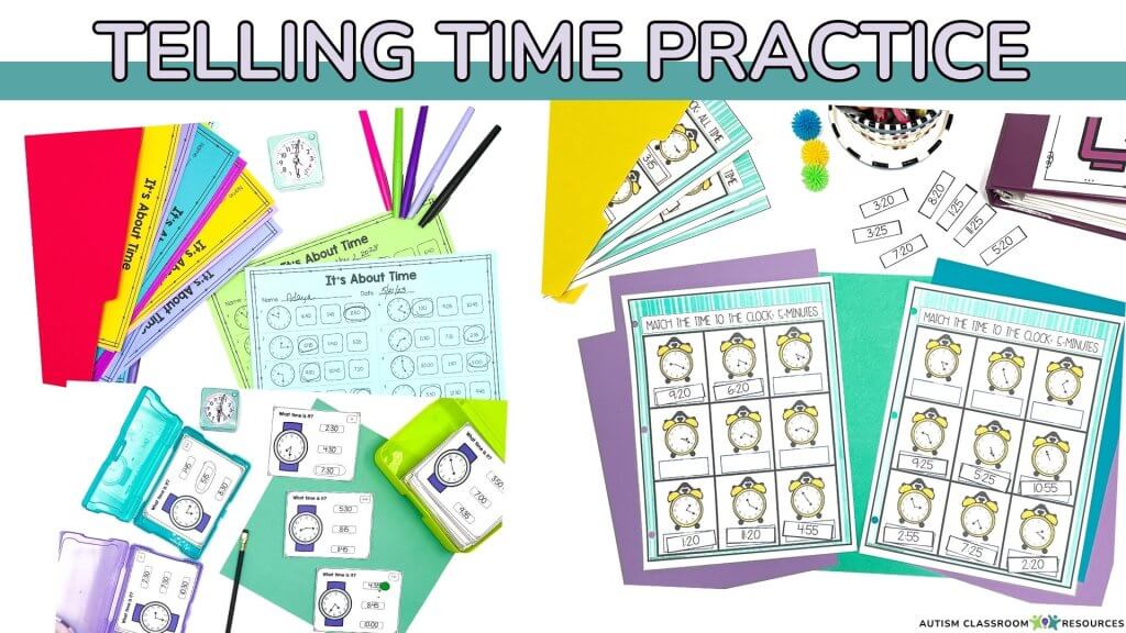 Teaching telling time with lots o practice materials like [pictured] worksheets, task cards and matching file folders