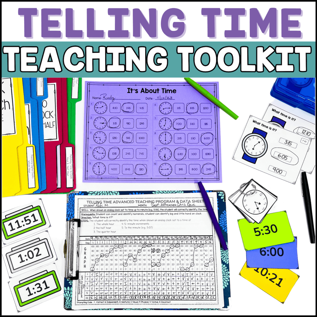 Telling Time Teaching Toolkit. Picture of worksheet, file folders, flashcards, task cards and data sheet with teaching program