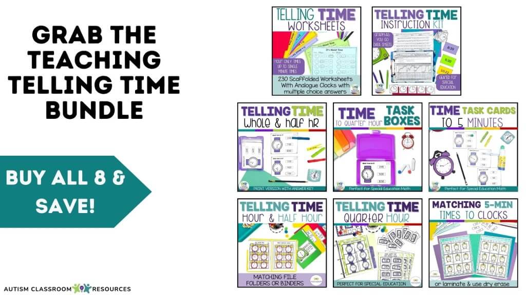 Grab the Teaching Telling Time bundle - buy all 8 products and save: Telling Time Worksheets, Telling time Instruction Kit, Telling time whole and half hour, Time to quarter hour Task Boxes, Time Task Cards to 5 minutes, Telling Time Hour to Half Hour File Folders, Telling Time Quarter Hour Binder pages or file folders, Matching 5 minute times to clocks file folders or binder pages