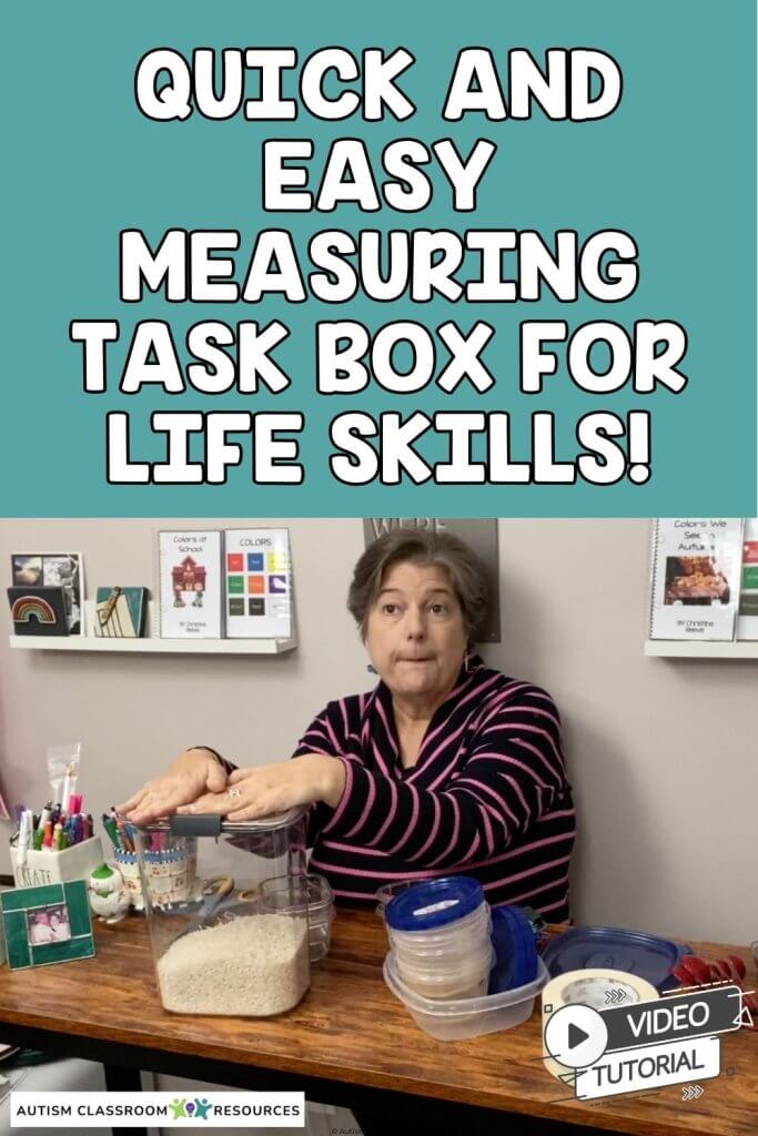 Quick and Easy Measuring Task Box for Life Skills Math Large continer of rice with smaller containers and measuring cups and spoons. Video Tutorial