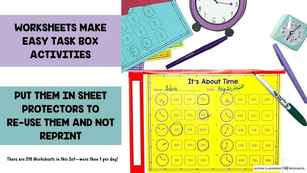 Worksheets make easy task box activities for tellig time practice.  And you can put them in sheet protectors to reuse them and not reprint.  There are 210 worksheets in this set--more than 1 per day for the whole school year.  [picture shows a worksheet with 10 multiple choice analog clocks with 3 choices of written times.  The worksheets are also available for digital clocks.