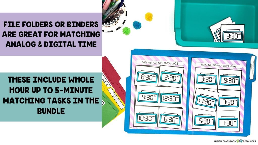 Task Box Activities Perfect for Telling Time Practice Blog Post - File Folders or binders are great for matching analog and digital time. these include whole hour up to 5-minute matching tasks in the budle